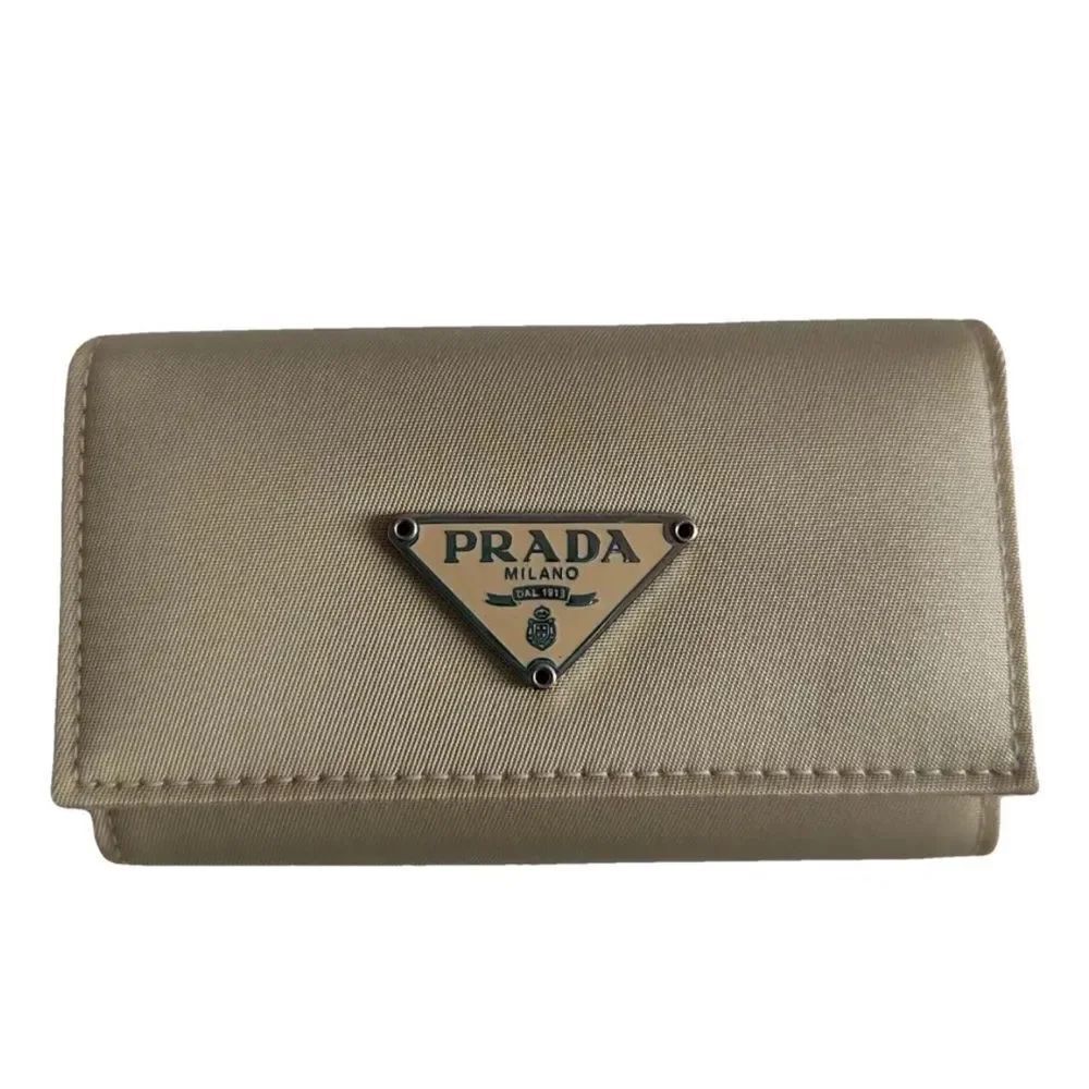 Prada  Beige Cloth Gold Triangular Logo Card Holder